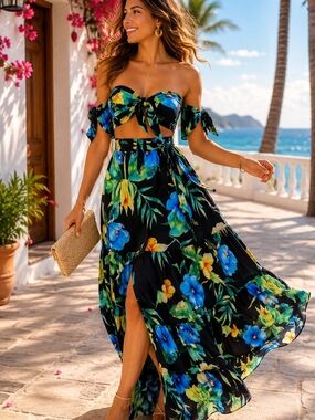 NWT SHEIN SXY Tropical Floral Two Piece Maxi Skirt Set XS Black Blue Off Shoulde